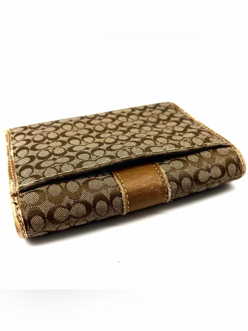 Coach Signature Tan Leather Canvas Card Bifold Wallet Holder Monogram Y2K Small